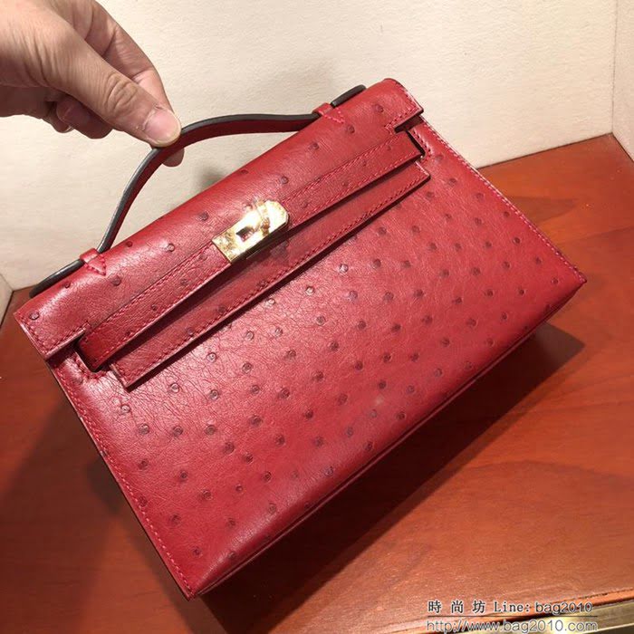HERMES愛馬仕 凱莉包 Mini Kelly pochette金扣 中國紅 純手縫蠟線配上豬鼻子鏈 斜挎包  Ama1186